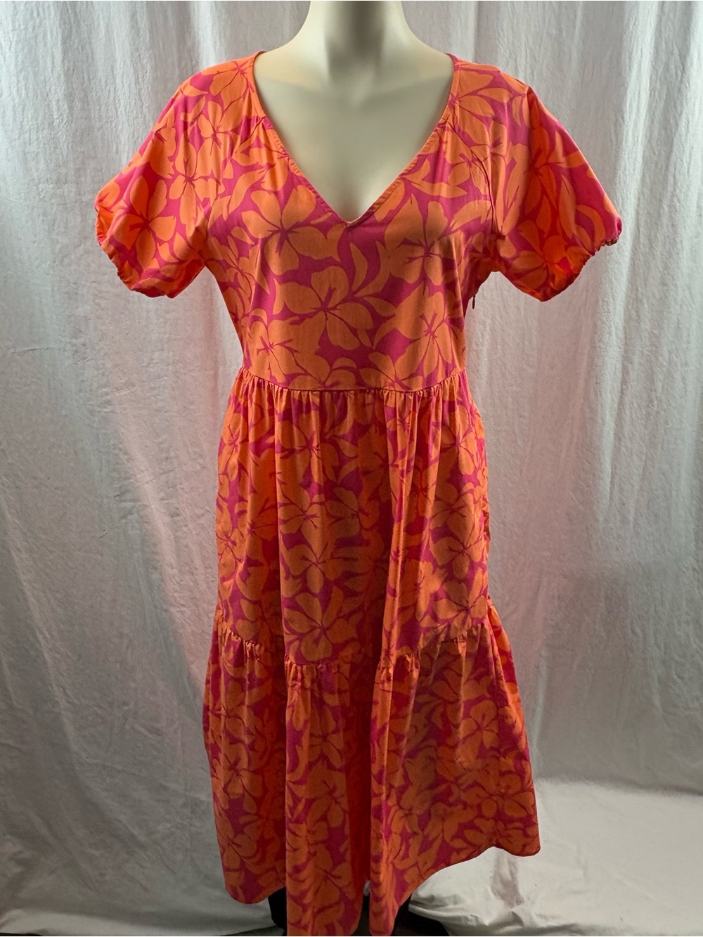 J. Crew Boho Floral Tiered Midi Dress Orange Pink Puff Sleeve 6 - Picture 3 of 10
